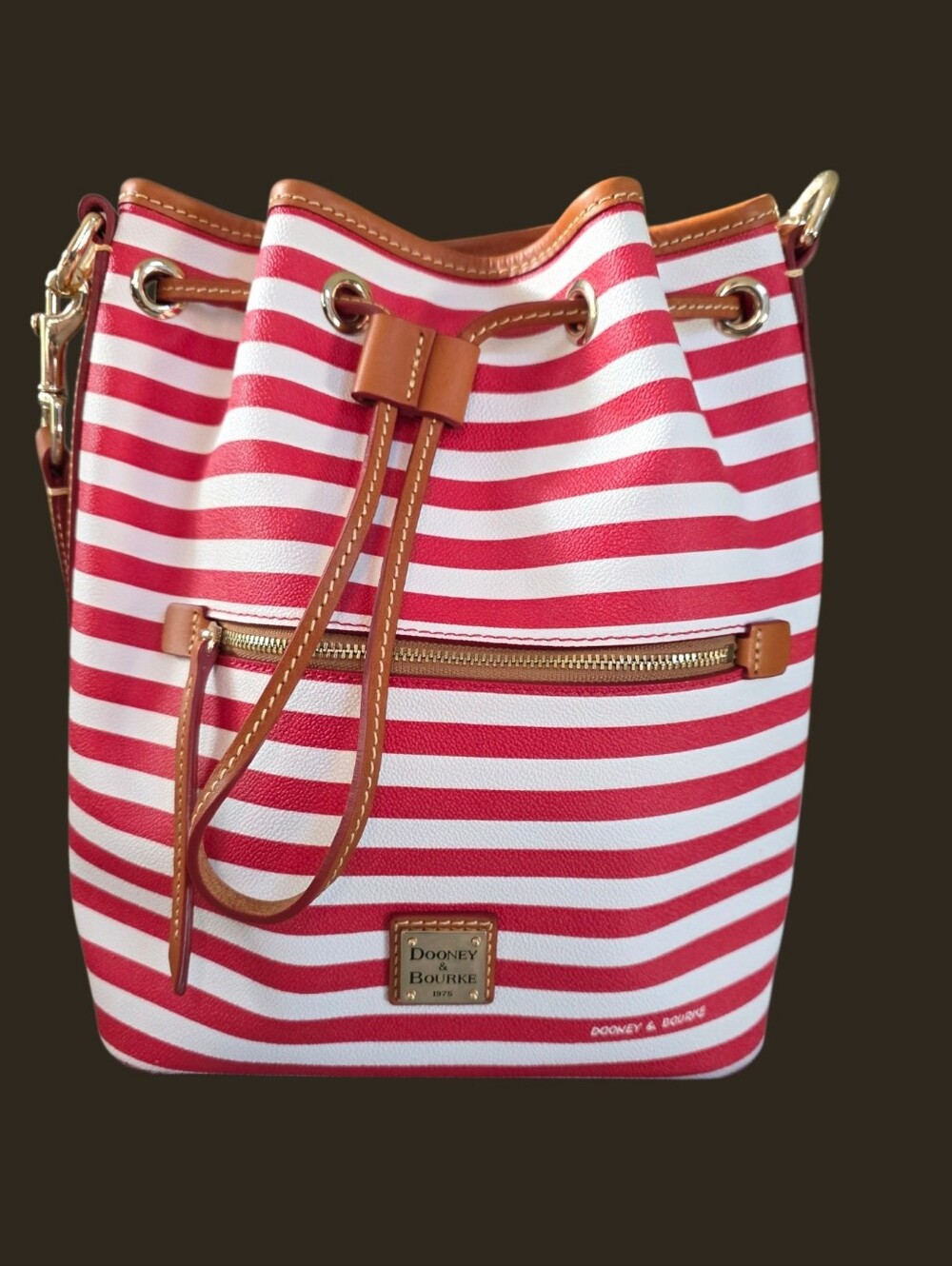 Dooney & Bourke Red & White Stripe Drawstring Bucket Purse, Leather, Brass, New